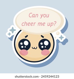 Cute animated cookie with a speech bubble asking for cheer, vector illustration on a blue background, concept of emotion. Vector illustration