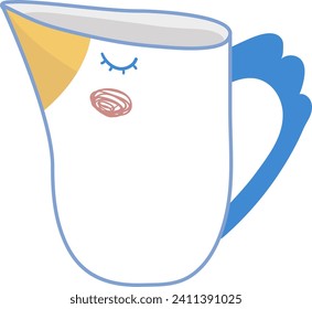 Cute animated cup with a sleepy face and blue wings. Adorable drinkware cartoon character with rosy cheeks vector illustration.