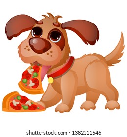 Cute Animated Dog Eating Pizza Isolated On White Background. Vector Cartoon Close-up Illustration.