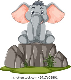 Cute animated elephant perched atop stone boulders.