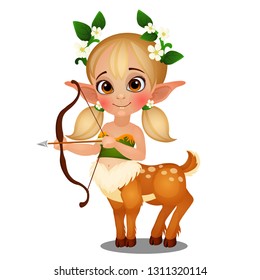 Cute Animated Elf Girl Centaur With Spotted Deer Body Isolated On White Background. Vector Cartoon Close-up Illustration