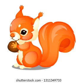 Cute Animated Fluffy Squirrel And Nut Isolated On White Background. Vector Cartoon Close-up Illustration.