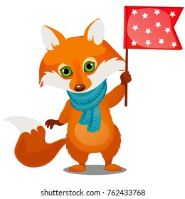 Cute animated fox in winter knitted scarf holding a flag isolated on a white background. Sketch of Christmas festive poster, party invitation, other holiday card. Vector cartoon close-up illustration.
