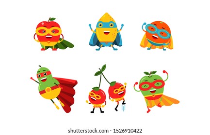 Cute Animated Fruits In Different Poses Cartoon Character Vector Illustration