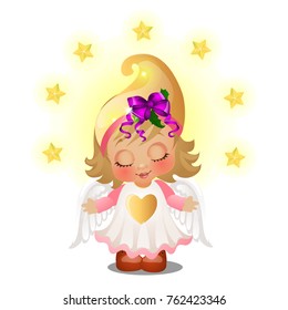 Cute animated girl with angel wings smiling with eyes closed isolated on white background. Sketch of Christmas festive poster, party invitation, holiday card. Vector cartoon close-up illustration.
