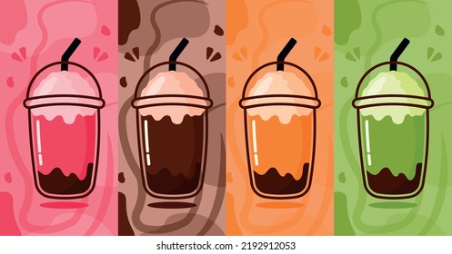 Cute Animated Iced Tea In Strawberry Chocolate, Green Tea Thai Tea In Cup With Straw Set Collection Graphic Illustration Image