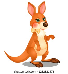 Cute Animated Kangaroo With Bow Isolated On White Background. Vector Cartoon Close-up Illustration.