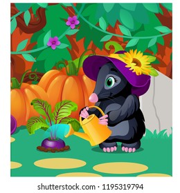 Cute animated mole watering beets from watering can. Vector cartoon close-up illustration.