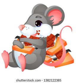 Cute animated mouse eating chocolate isolated on white background. Vector cartoon close-up illustration.