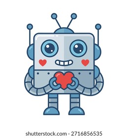 Cute animated robot character with a happy expression and rosy cheeks, holding a red heart. This friendly mechanical being conveys sentiments of love and affection.