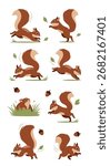 Cute animated squirrels running and jumping with acorns and leaves.