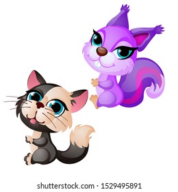 Cute Animated Two-tone Black And White Cat And Purple Squirrel Isolated On A White Background. Vector Cartoon Close-up Illustration.