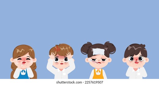 Cute animation children sick with discomfort symptom character. Vector children character design.