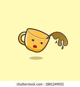 Cute animation floating yellow cup with spilling milk
