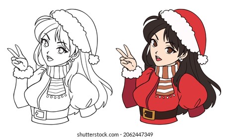 Cute anime asian girl wearing Christmas Santa costume and hat. Contour picture for coloring book.