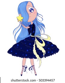 Cute anime ballerina with blue hair in tutu holding in her hands star. Cartoon character. Vector illustration