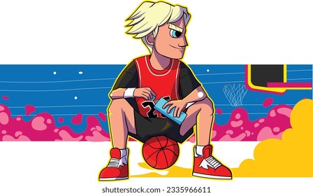 cute anime basketball player sitting on a basketball