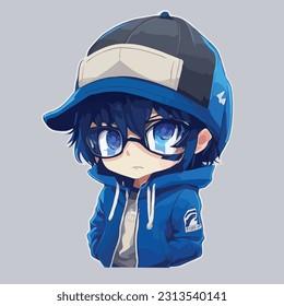 Niño De Anime Con El Pelo Azul Oscuro, Gorra Azul Oscuro, Gafas De Sol Negras, Vestido Acorde, Carácter De Anime Frío, Ilustración Vector