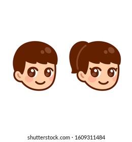 Cute anime boy and girl head, children face set. Anime style cartoon illustration. Character gender icon selection for game or website.