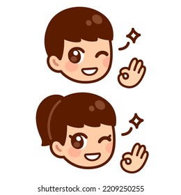 Cute anime boy and girl winking and making OK sign. Simple kawaii face cartoon illustration. 