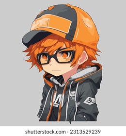 Niño de anime suave con pelo naranja, vestido naranja y negro, Carácter de anime frío, Ilustración vectorial