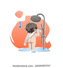 Cute Anime Boy Showering - Funny Chibi Shower Scene Illustration