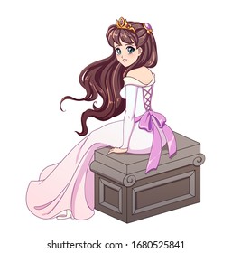 Cute anime bride princess with brown hair wearing wedding dress and sitting on stone bench. Hand drawn vector illustration isolated on white.