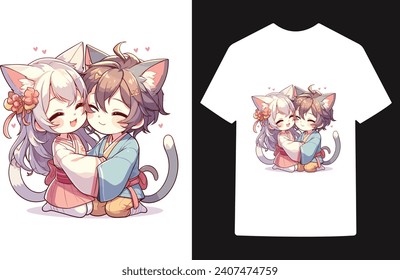 cute anime cat cartoon vector for valentines day t shirt design