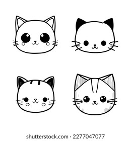 cute anime cat head collection set hand drawn line art illustration