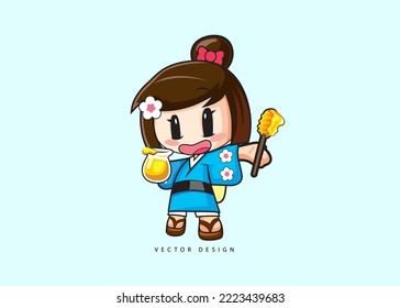 Cute Anime character design with japanese costume brings honey jar and honey stick. Cute anime chibi.
