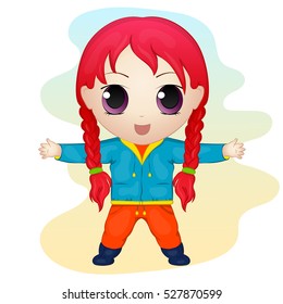 Cute Anime Chibi Little Girl. Simple Cartoon Style. Vector Illustration. NY Collection.