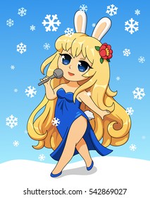 Cute anime chibi little girl. Merry Christmas and Happy New year card. Christmas card in cartoon style. Vector illustration. 