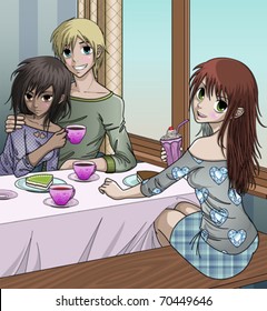 Cute anime couple and their friend enjoying Valentines day at cafe