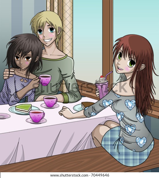 Cute Anime Couple Their Friend Enjoying Stock Vector ...