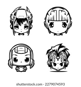 cute anime cyborg kids collection set hand drawn illustration