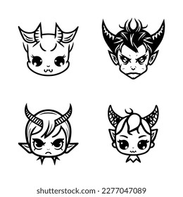 cute anime devil head collection set hand drawn line art illustration