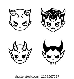 cute anime devil head collection set hand drawn line art illustration