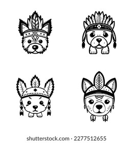 cute anime dog head wearing indian chief accessories collection set hand drawn illustration