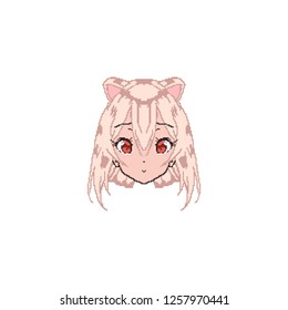 Cute anime face. Pixel smile for the chat girl. Emoji. Manga Chibi. Coloring by squares.