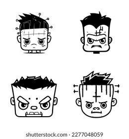 cute anime frankenstein head collection set hand drawn illustration