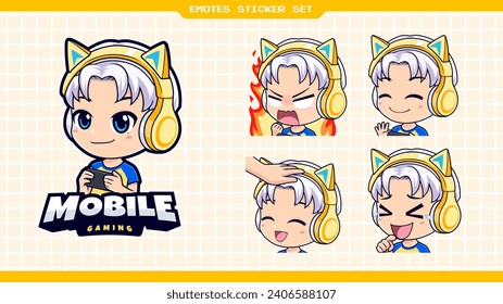 Cute anime gamer boy mascot logo with happy, angry, laughing facial expressions set