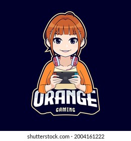 Cute anime gamer girl cartoon character playing on portable gaming device mascot logo