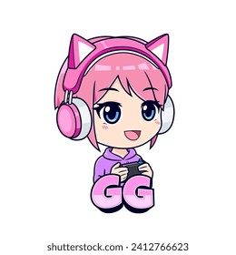 Cute anime gamer girl cartoon mascot logo vector