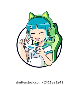 Cute anime gamer girl expression esport gaming vector logo mascot