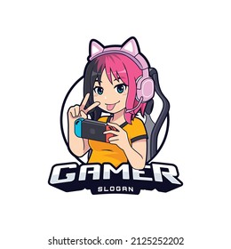 Cute Anime Gamer Girl Logo Vector Illustration