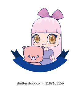 cute anime girl with bear toy animal ribbon