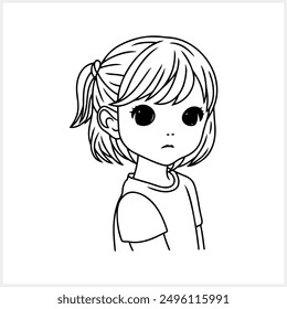 Cute Anime girl with big eyes isolated. Manga style. Coloring page book. Hand drawn vector illustration