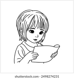 Cute Anime girl with big eyes isolated. Manga style. Coloring page book. Hand drawn vector illustration