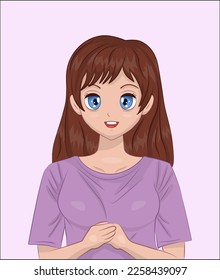 Cute anime girl with blue eyes and brown hair.