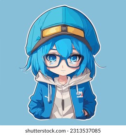 Cute Anime Girl With Blue Hair,Blue  Cap, Black Sunglasses, Matching Dress Up, Cool Anime Character, Vector Illustration